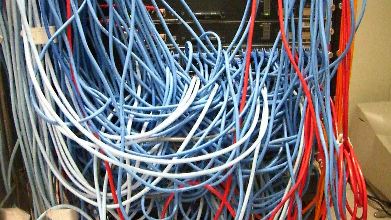 Server Rack with Spaghetti-Like Mass of Network Cables