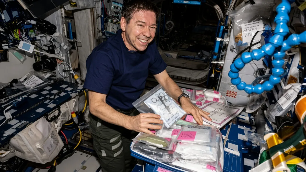 NASA astronaut Mike Barratt collects and organizes medical supplies