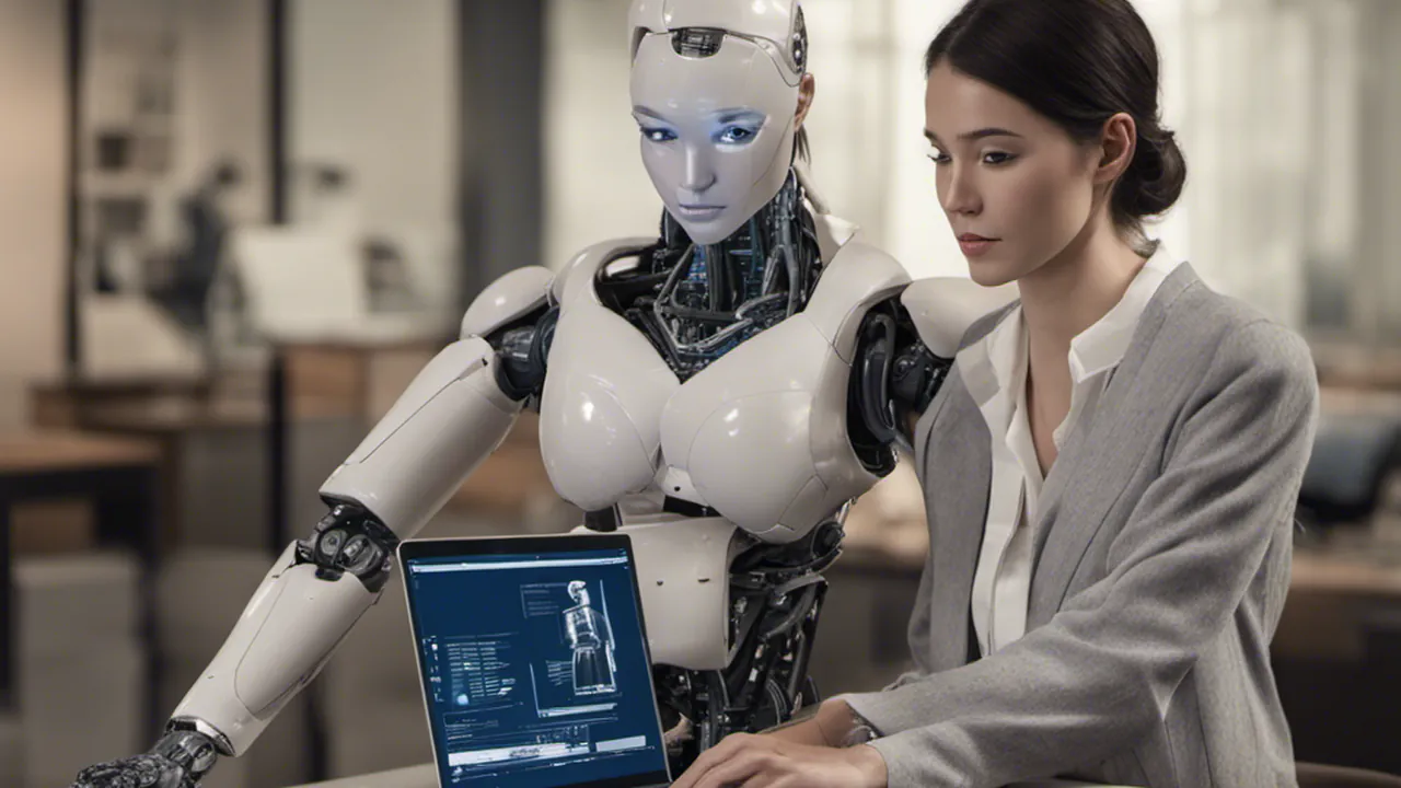 Humanoid robot and woman retrieve infomation - includes a visible typical error of recent AI generated pictures