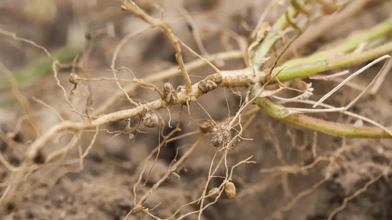 Nitrogen-fixing nodules in the roots of legumes.