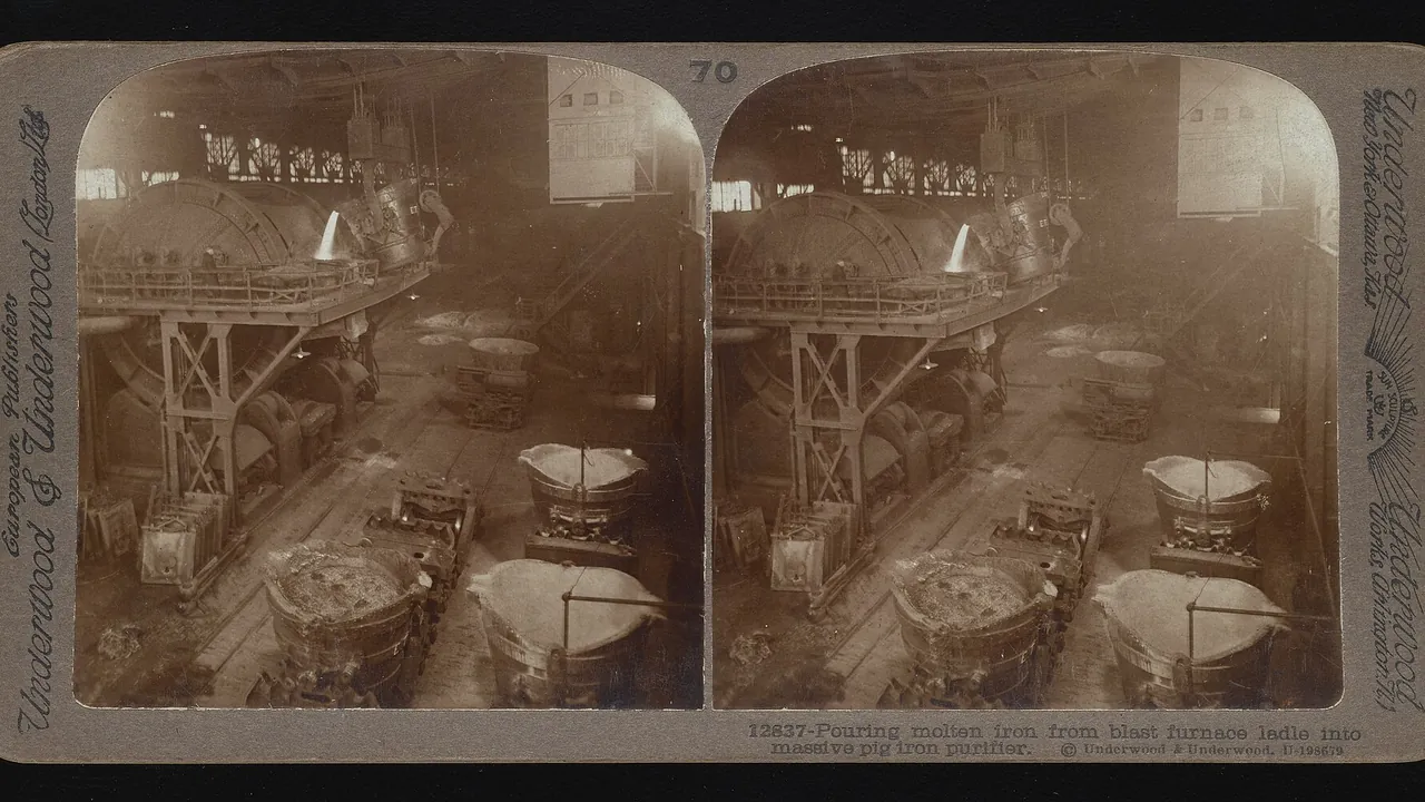 Pouring molten iron from blast furnace ladle into massive pig iron purifier - DPLA - b8f63fade8109ef895382b93987fb2f3