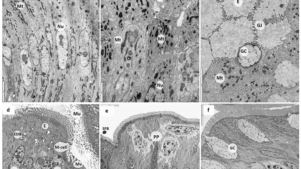 Transmission electron micrographs showing the architecture of intestinal epithelial cells and several types of immune ce