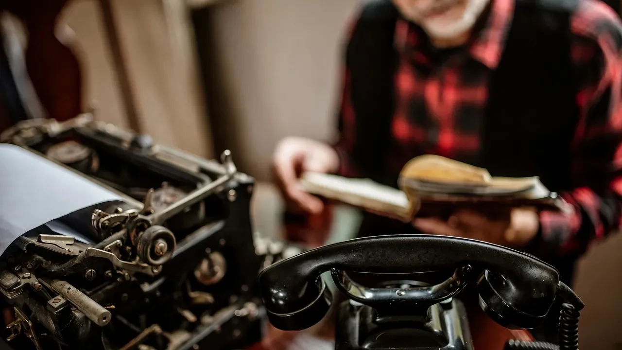 Old typewriter and vintage telephone in use by an elderly man reading a book in a cozy room setting