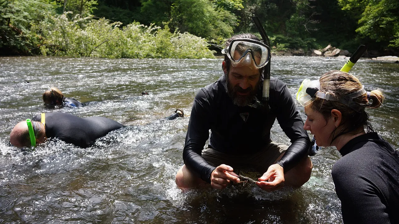 Steve Fraley, N C Wildlife Resources Commission, discusses a crayfish with Erin McCombs, American Rivers (27900519981)