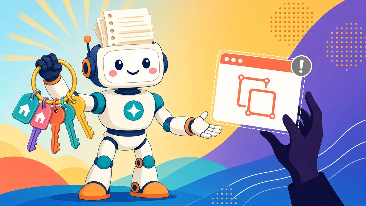 Ilustración de un robot asistente con un manojo de llaves mientras una mano en sombra le cuela una nota con instrucciones.