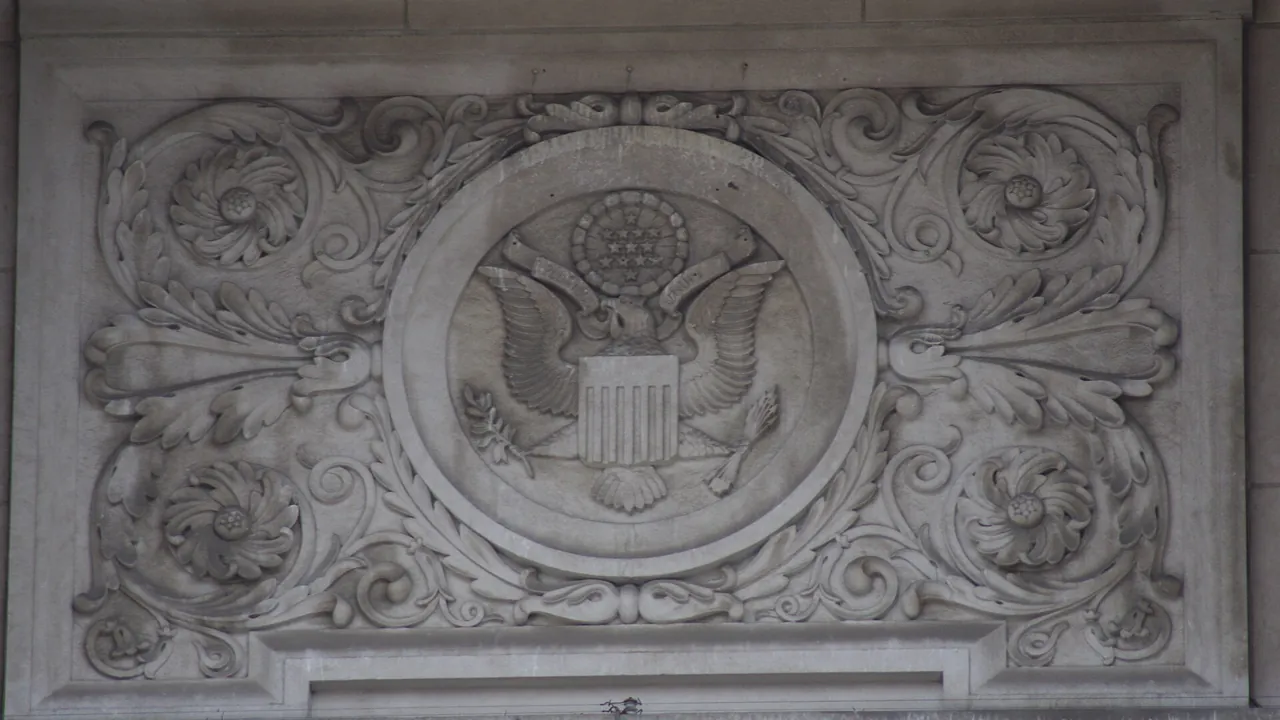 Saints Peter & Paul Cathedral (Indianapolis, Indiana), exterior, detail of the Great Seal of the United States