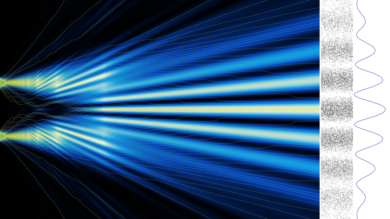 100 trajectories guided by the wave function