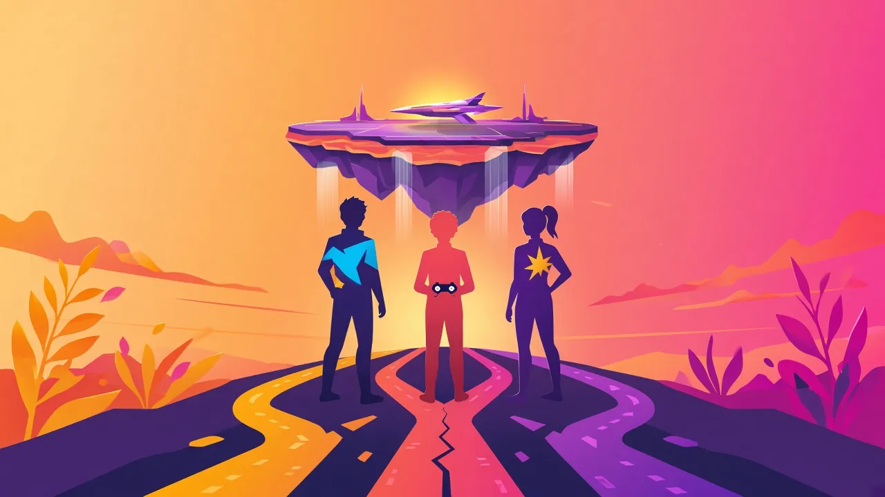 Ilustración de tres siluetas de jugadores ante caminos luminosos que se bifurcan frente a un horizonte espacial.