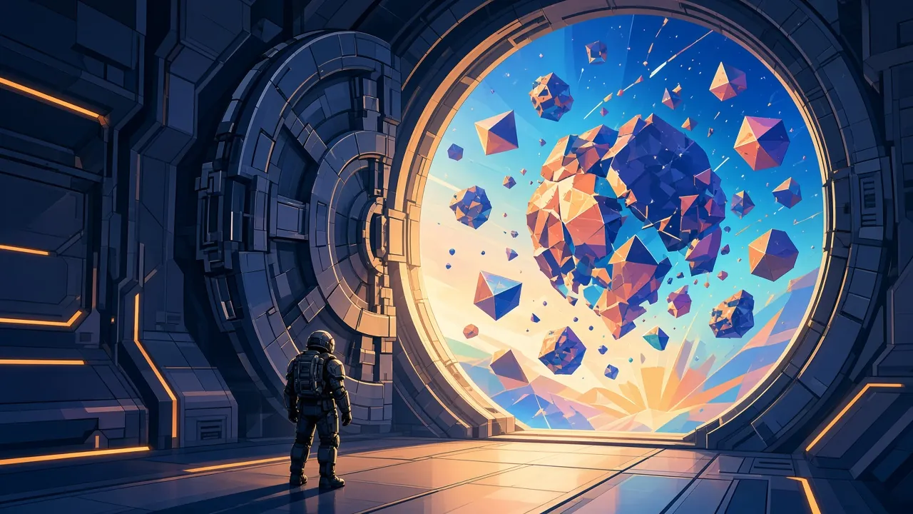 Ilustración de una gran puerta acorazada futurista abriéndose y dejando salir fragmentos de planetas flotantes hacia un explorador.