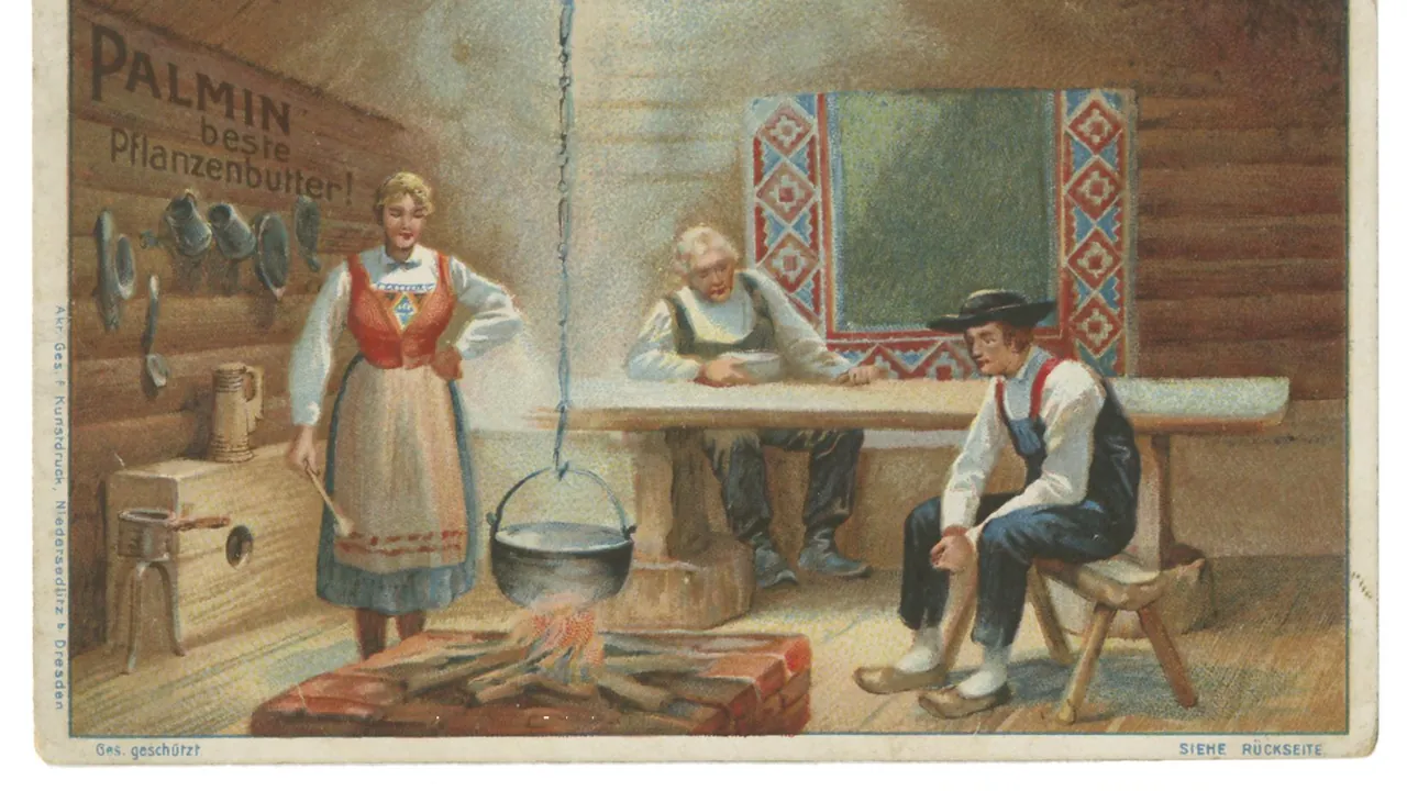Norvegiana, Palmin5. German collectible trade card c 1900-10 Norwegen Palmin beste Pflanzenbutter Bodestue Log house int