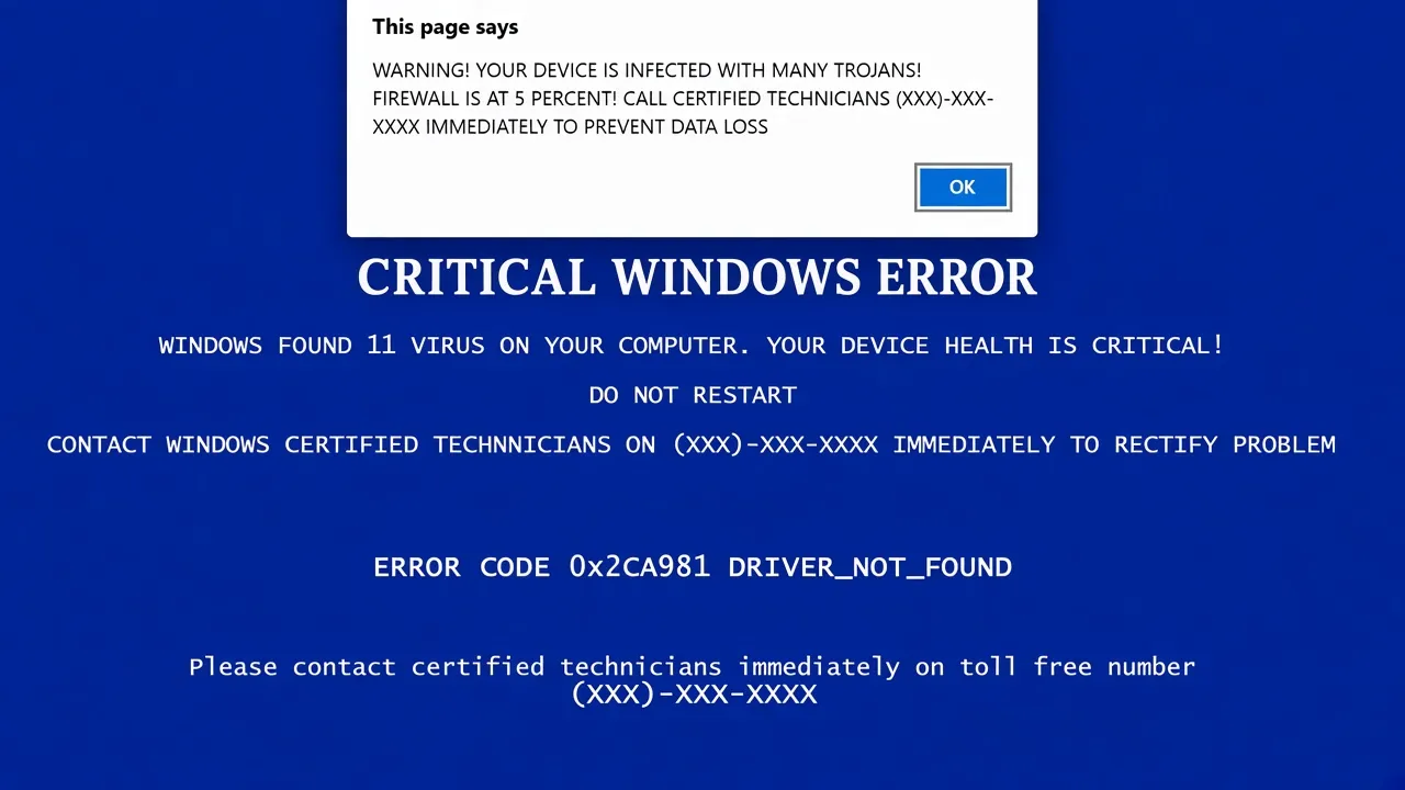 Example of a technical support scam popup