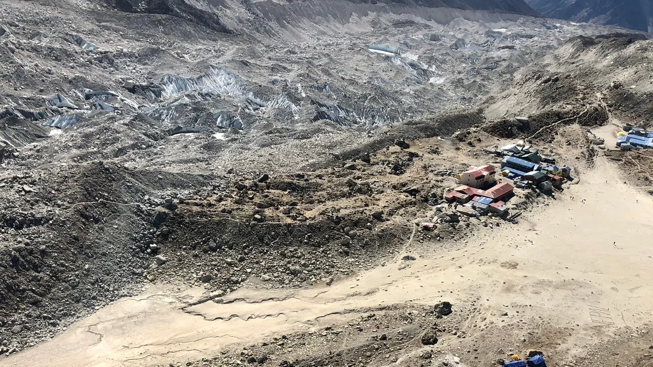 Aerial view of Gorakshep settlement and Khumbu glacier moraine, Nepal