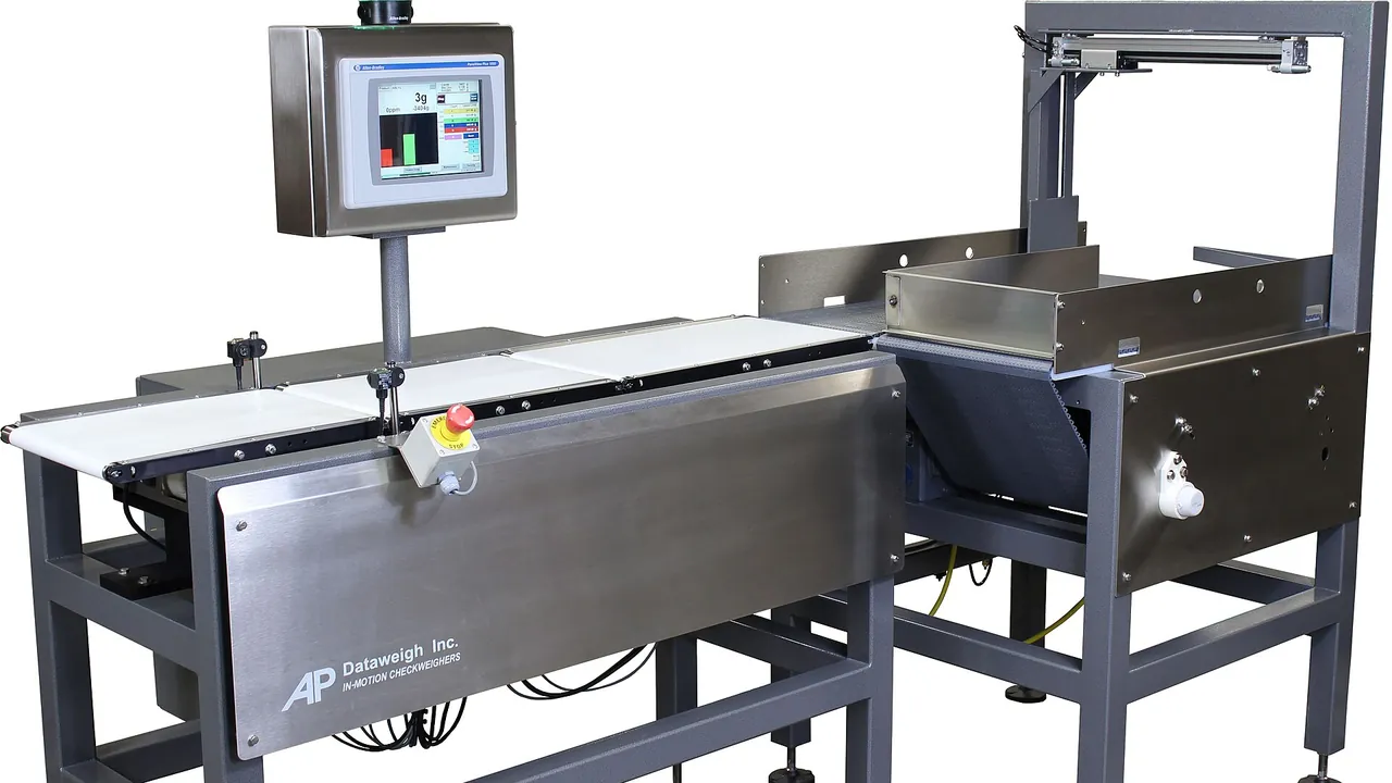 AP Dataweigh 3 bed checkweigher with touchscreen reject and accumulation station