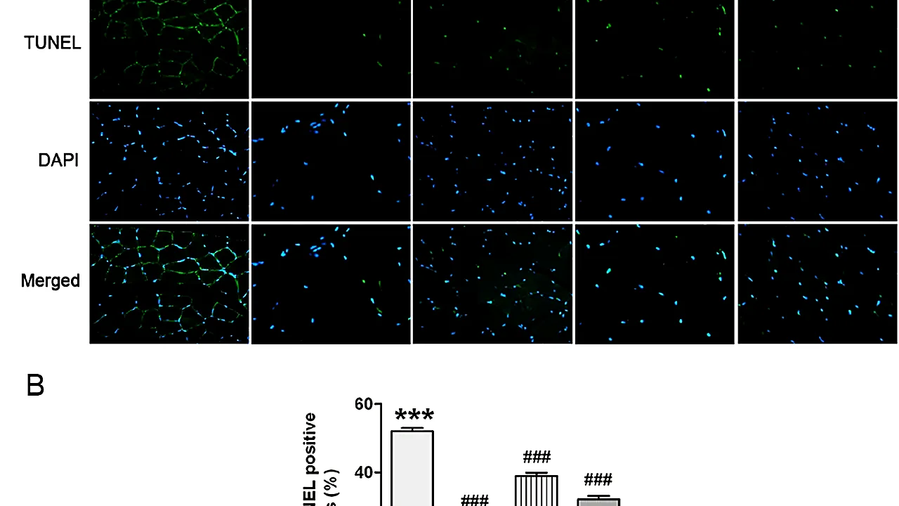 Apoptosis of skeletal muscle cells in different groups was evaluated by TUNEL assay, and the images were recorded by an