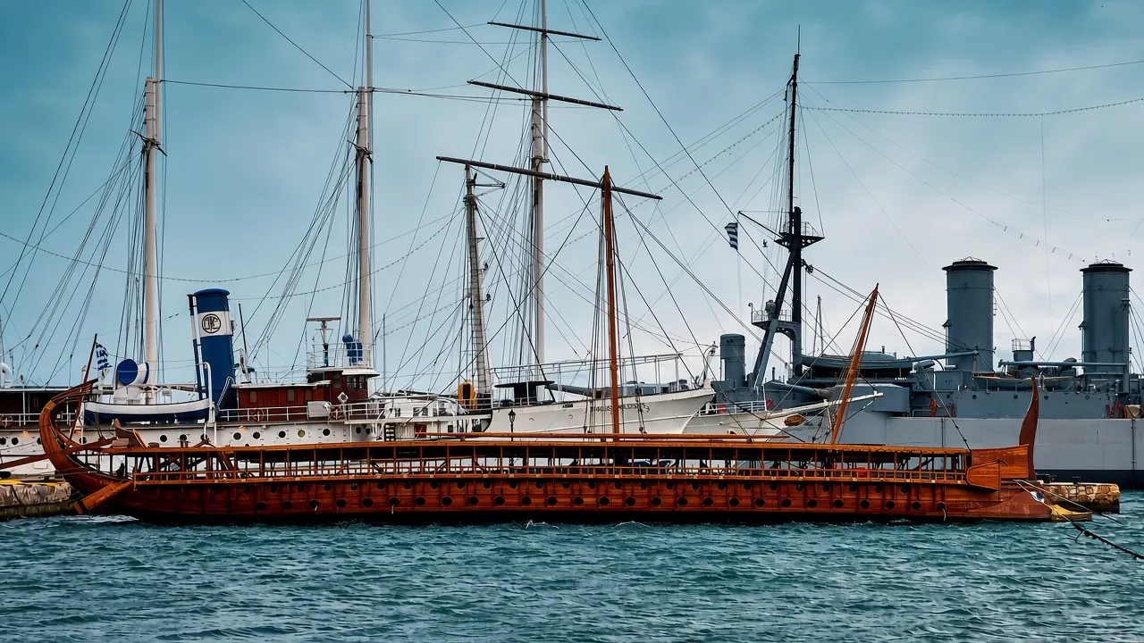 The replica of the ancient Athenian trireme Olympias on 23 February 2019