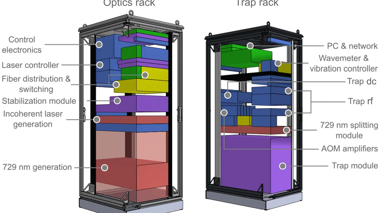 Simplified scale model of the quantum computing demonstrator housed in two 19-inch racks with major components labeled