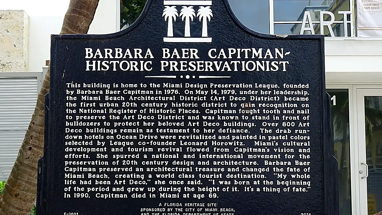 Barbara Baer Capitman historical marker 1001 Ocean Drive Miami Beach FL 33139 USA