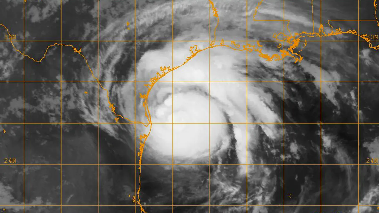 An infrared satellite image of Hurricane Harvey, a category 2 hurricane. (35988351183)