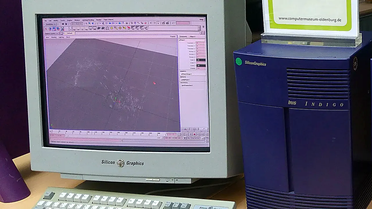 SGI Indigo Workstation Computer (1990s) with large CRT monitor displaying a window of IRIX operating system