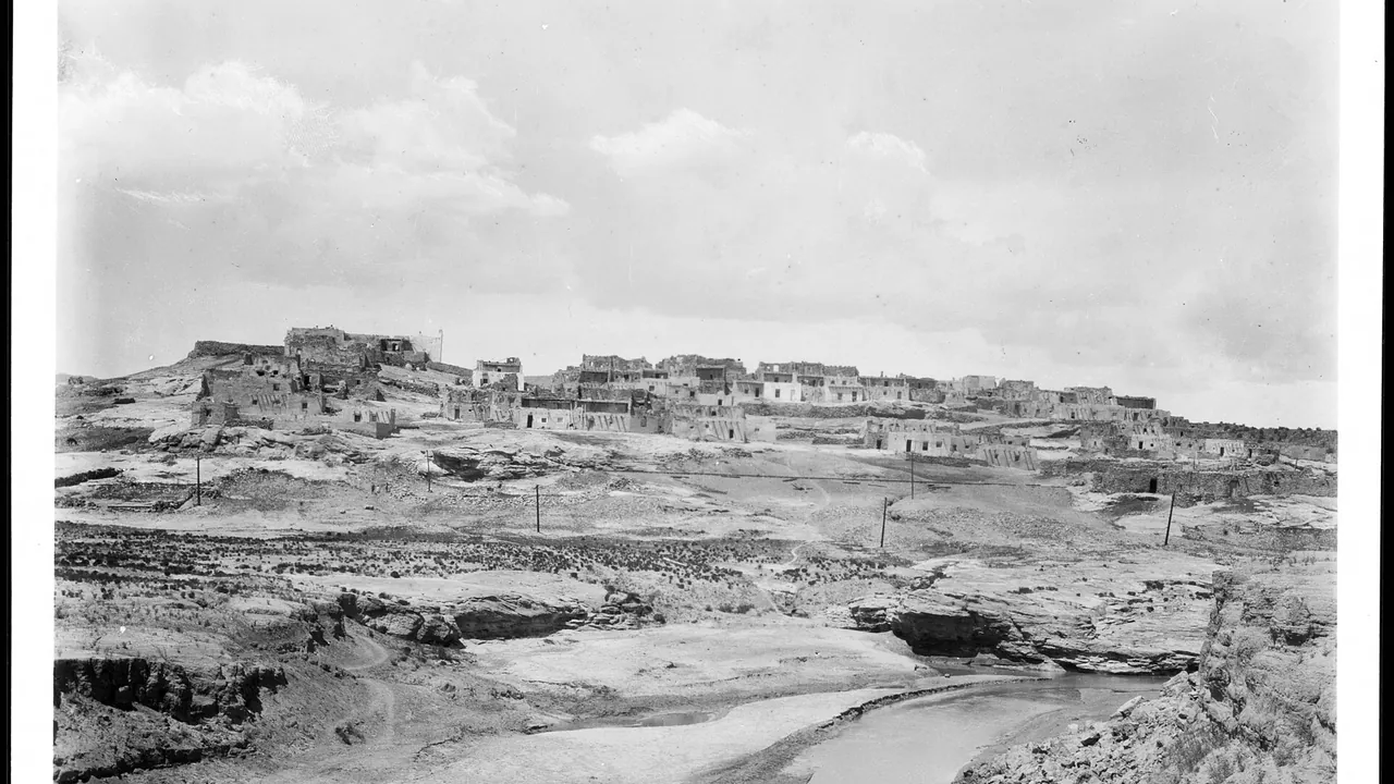 Distant view of the Indian pueblo of Laguna (San Jose de Laguna), New Mexico, ca.1898 (CHS-4722)