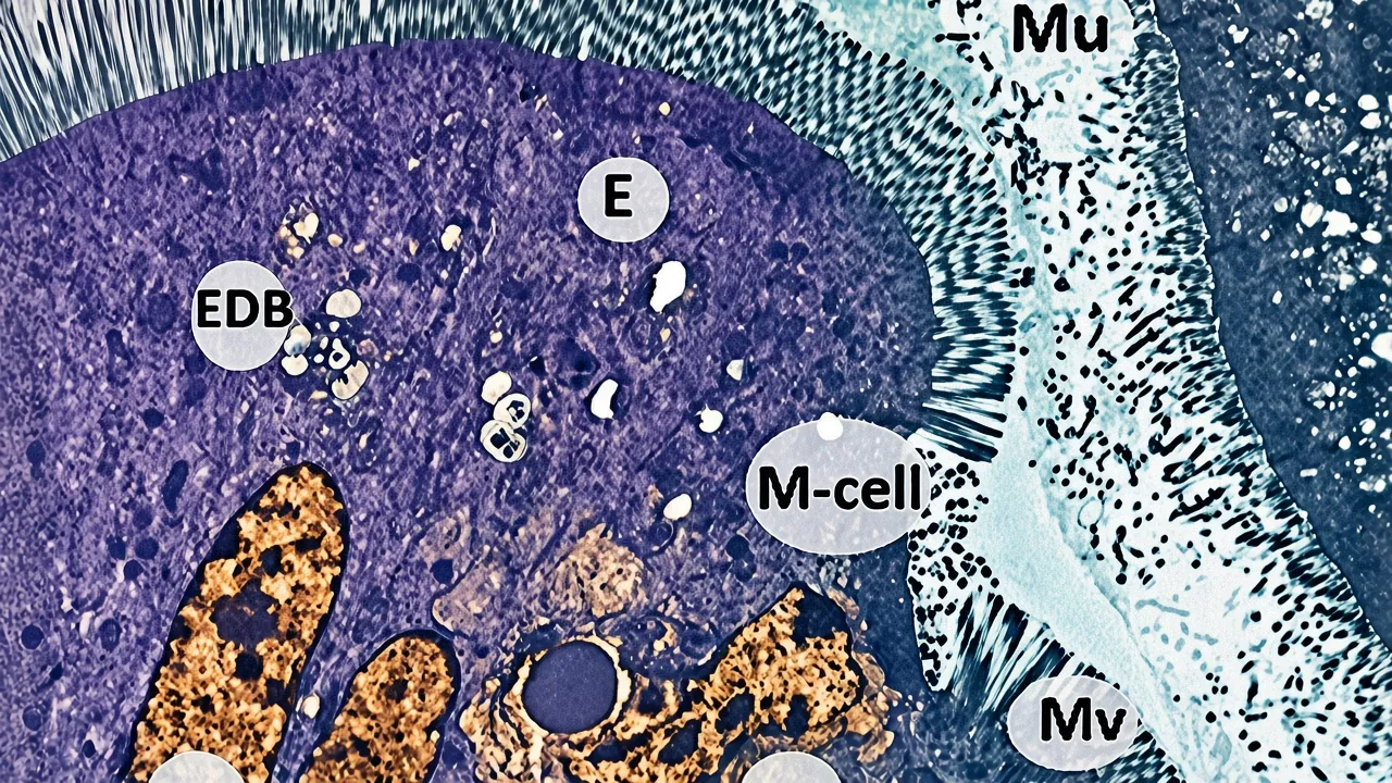 Transmission electron micrographs showing the architecture of intestinal epithelial cells and several types of immune ce