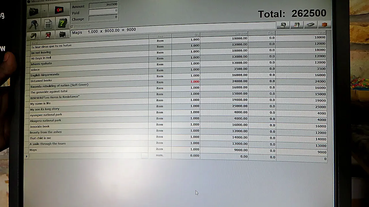 ASC Leiden - Rwanda 2021 - 037 - Screen shot of a spreadsheet for books with their price - Kigali