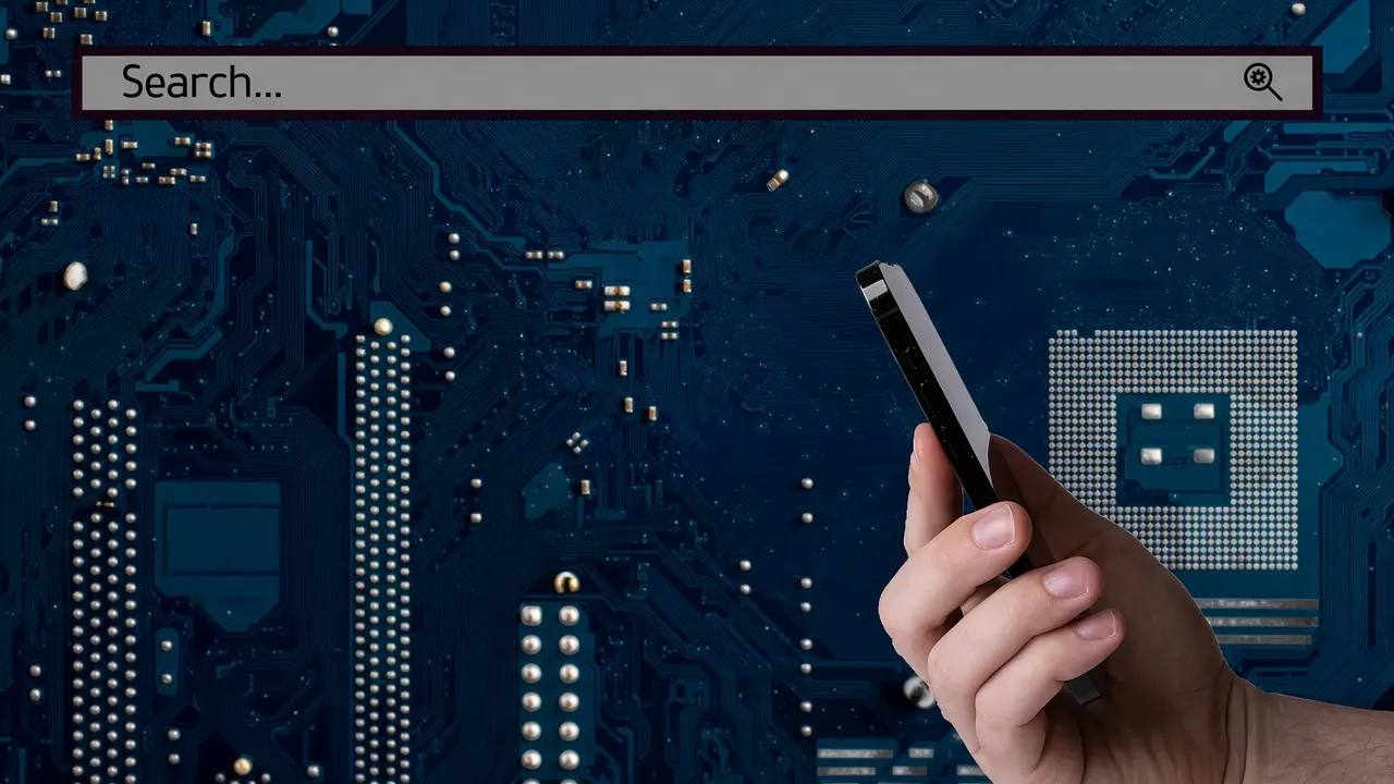 Business and technology concept hand holding smartphone and search bar (52917310335)