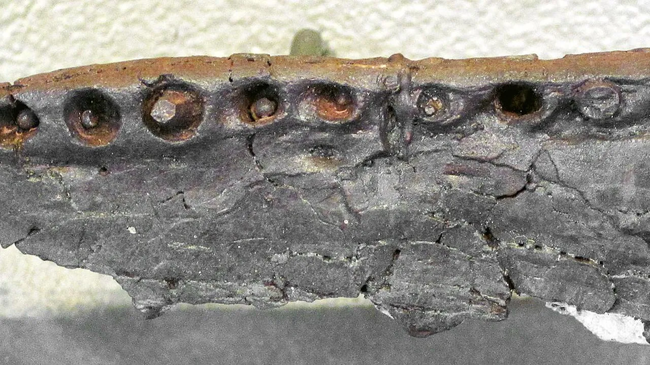 Goniopholis sp. (fossil crocodilian jawbone) (Morrison Formation, Upper Jurassic; Dinosaur National Monument, Utah, USA)