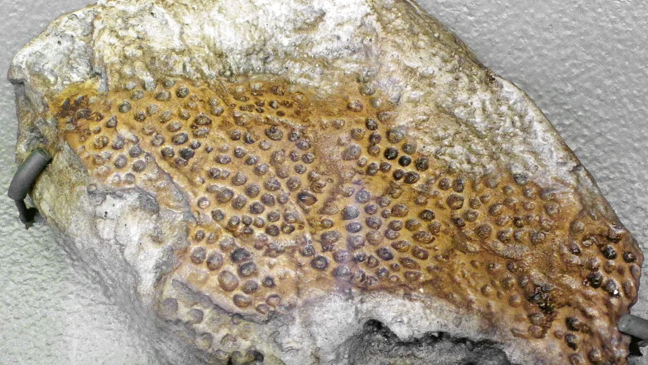 Goniopholis sp. (fossil crocodilian scales) (Morrison Formation, Upper Jurassic; Dinosaur National Monument, Utah, USA)