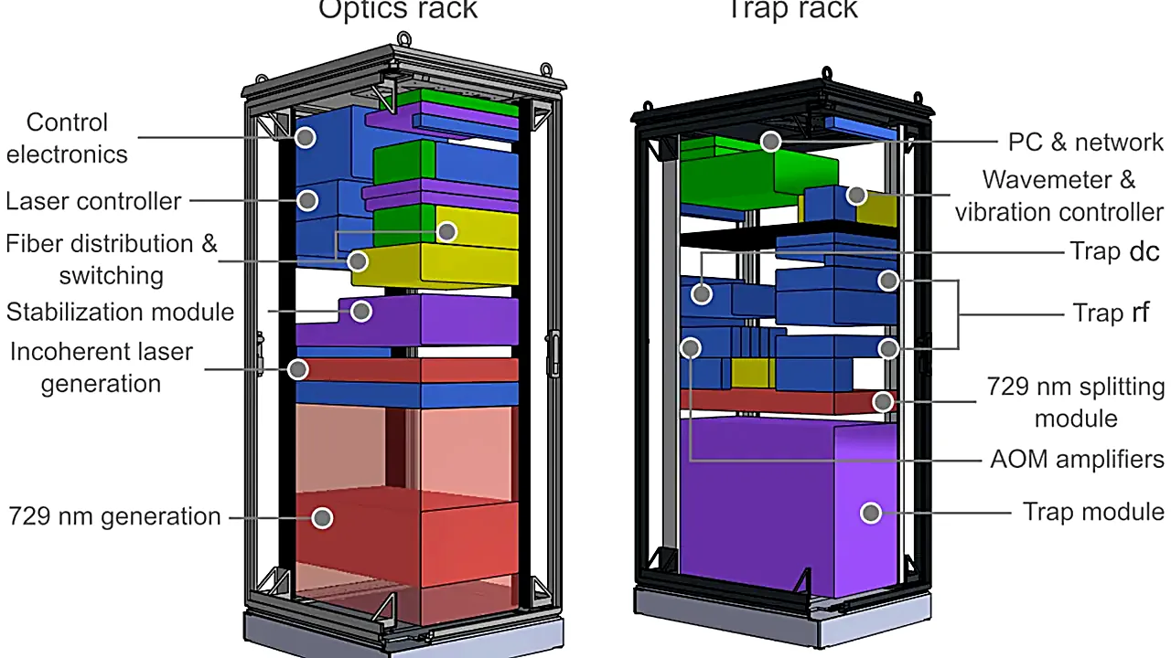Simplified scale model of the quantum computing demonstrator housed in two 19-inch racks with major components labeled