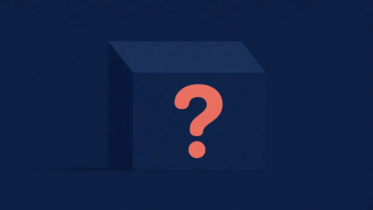 Ilustración plana de una caja de videojuego vacía con un signo de interrogación formado por el hueco.