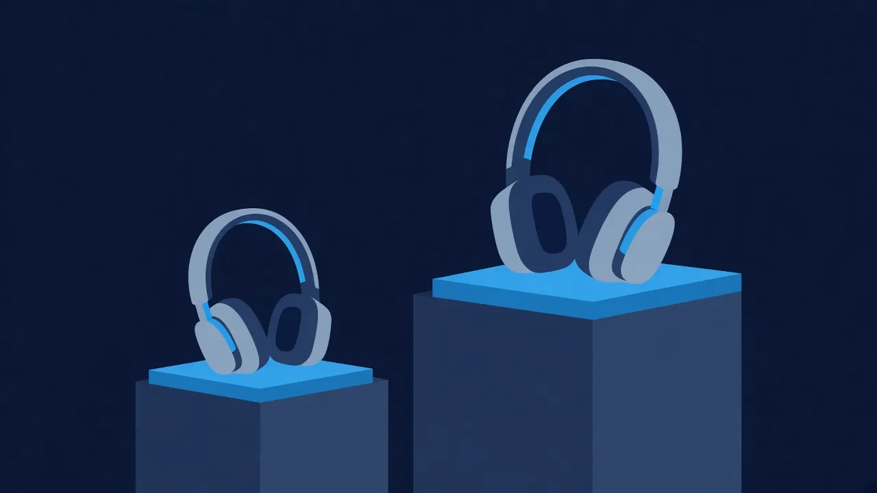 Dos auriculares de diadema sobre peldaños de distinta altura, con el superior destacado en color.