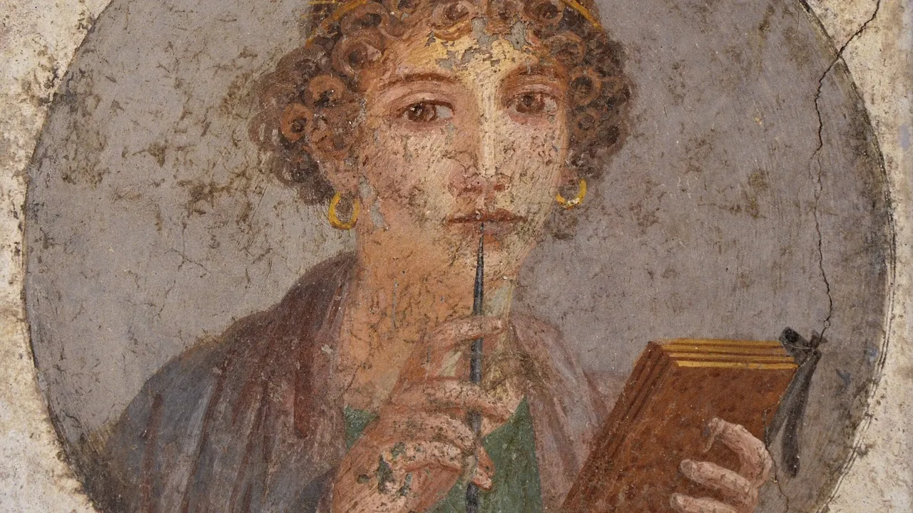 Fresco showing a woman so-called Sappho holding writing implements (wax tablet and stylus), from Pompeii, Naples Nationa
