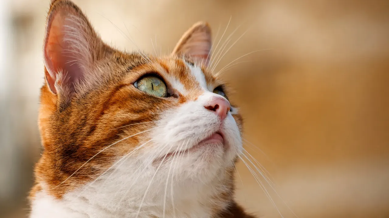 Close-up portrait of a domestic cat, gazing upwards