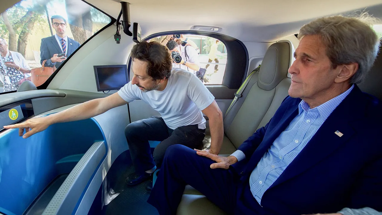 Google Co-Founder Brin Shows Secretary Kerry the Sensors Inside a Self-Driving Car at the 2016 Global Entrepreneurship's