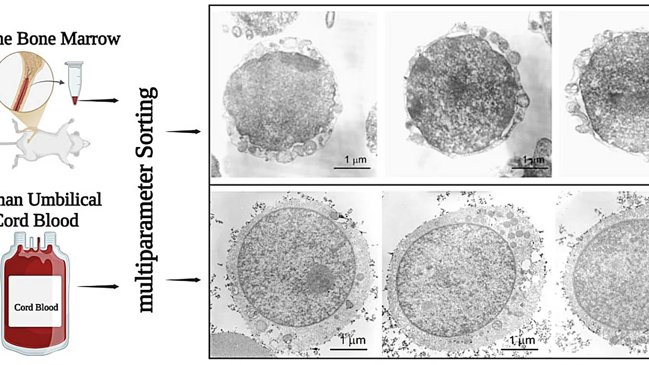 Transmission electron microscopy (TEM) pictures of murine bone marrow- and human umbilical cord blood-purified VSELs