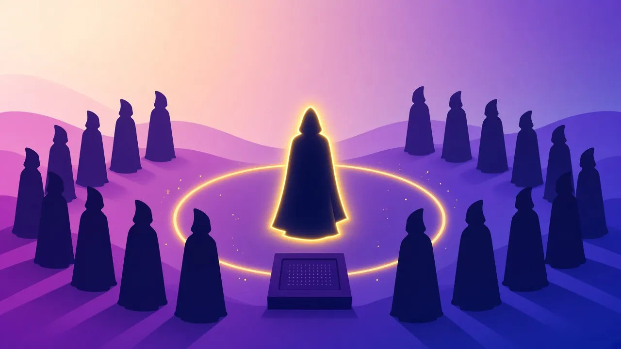 Ilustración de una figura iluminada dentro de un círculo de siluetas oscuras reunidas en torno a un terminal.
