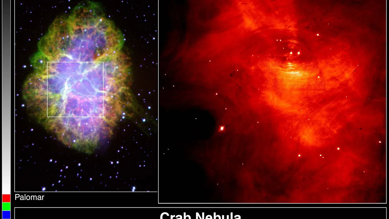 The Crab Nebula From the Ground (left) and Its Interior With Pulsar (1996-22-427)