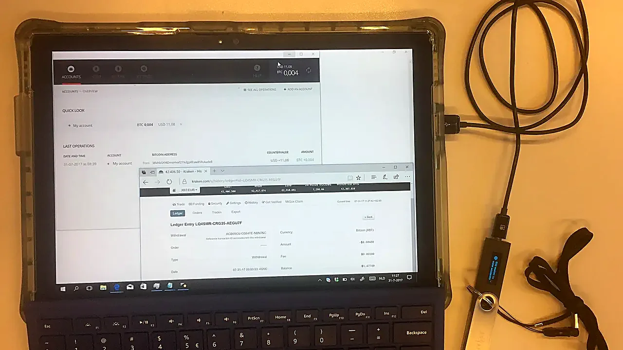 An actual Bitcoin transaction from the Kraken cryptocurrency exchange to a hardware LedgerWallet